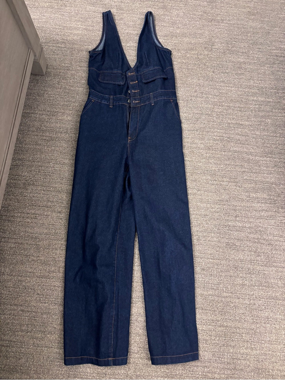 Cider Dark Blue Denim Sleeveless Wide-Leg Jumpsuit